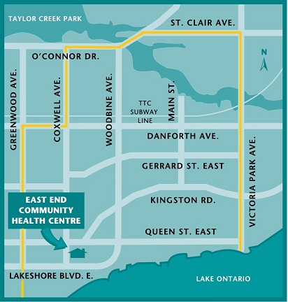 Map showing location of the East End Community Health Centre, at the corner of Queen Street East and Coxwell Avenue